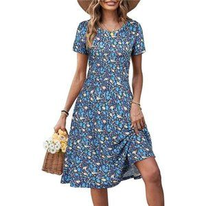 Women Casual Summer Short Sleeve Round Neck Floral Skater Dress with Pockets